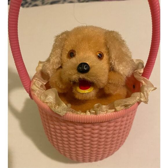 Vintage 1960s Little Dog In the Pink Basket Wind Up Works - Picture 1 of 12
